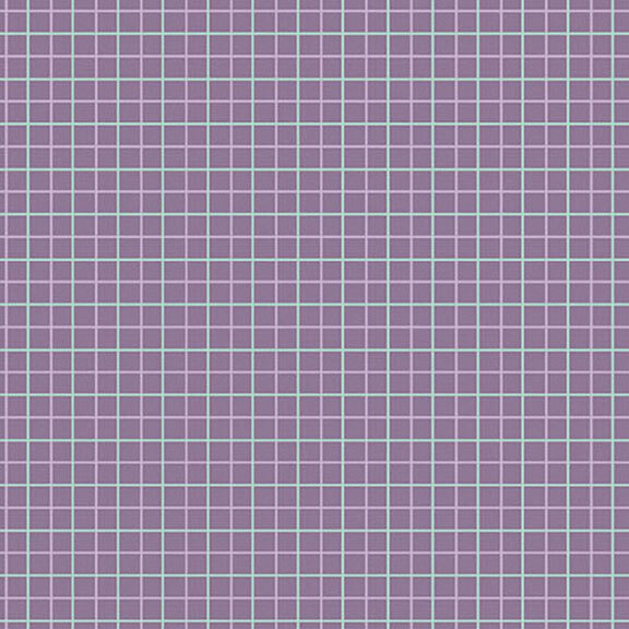 A purple plaid pattern with thin turquoise and lighter purple grid lines.