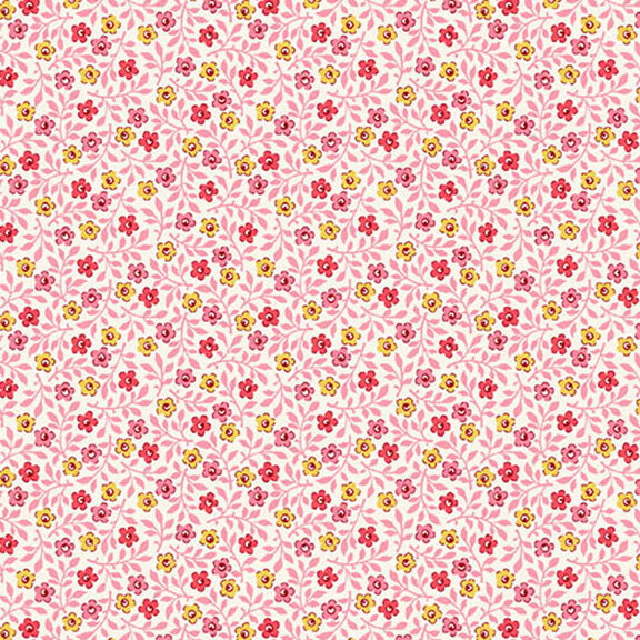 Cream fabric featuring a pattern of pink and yellow flowers with pink leaves