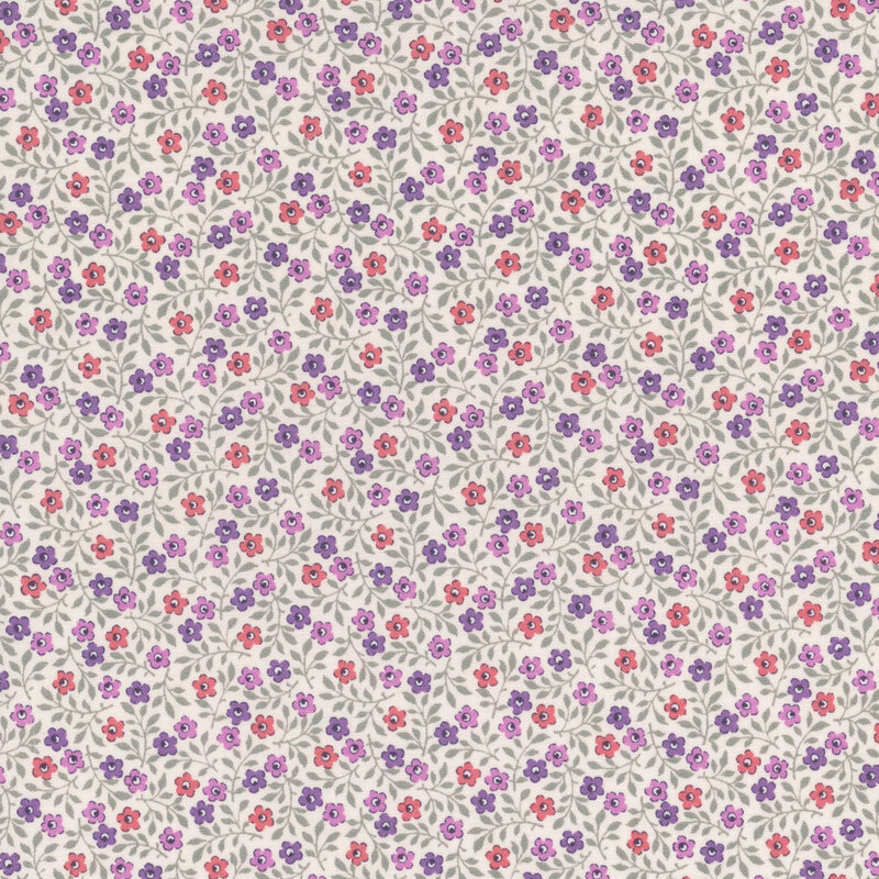 Cream fabric featuring a pattern of pink and purple flowers with gray leaves
