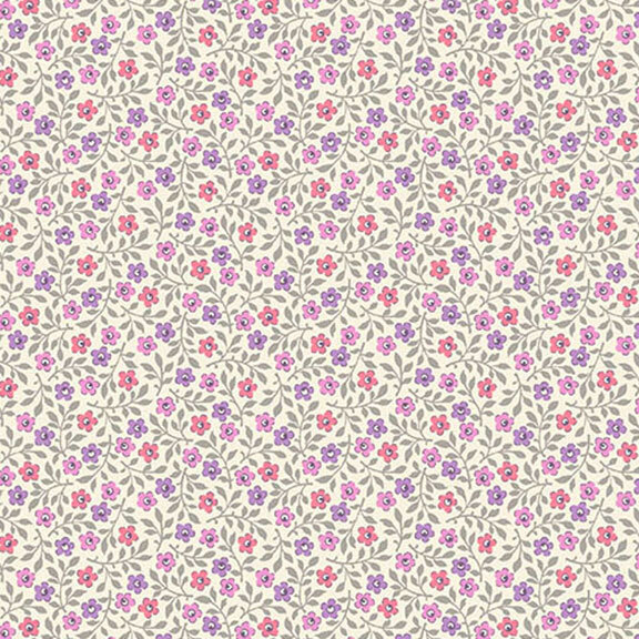 Cream fabric featuring a pattern of pink and purple flowers with gray leaves