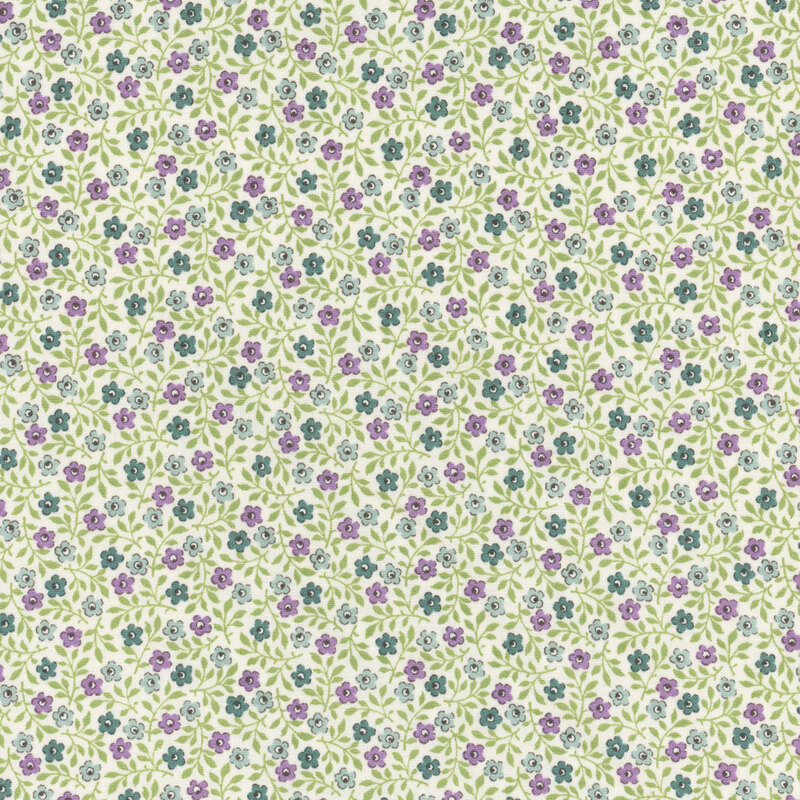 Cream fabric featuring a pattern of teal and purple flowers with green leaves