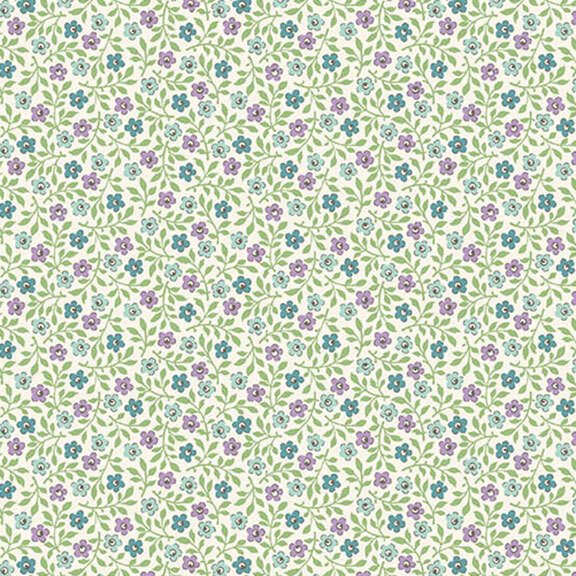 Cream fabric featuring a pattern of teal and purple flowers with green leaves
