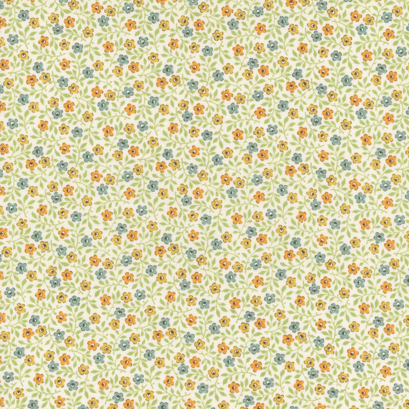 Cream fabric featuring a pattern of blue, yellow, and orange flowers with green leaves