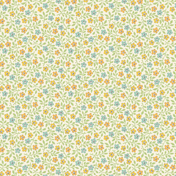 Cream fabric featuring a pattern of blue, yellow, and orange flowers with green leaves