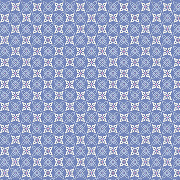 Light blue fabric with a repeating geometric design of floral shapes.