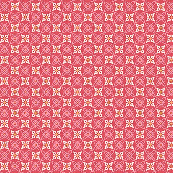Pink fabric with a repeating geometric design of floral shapes.