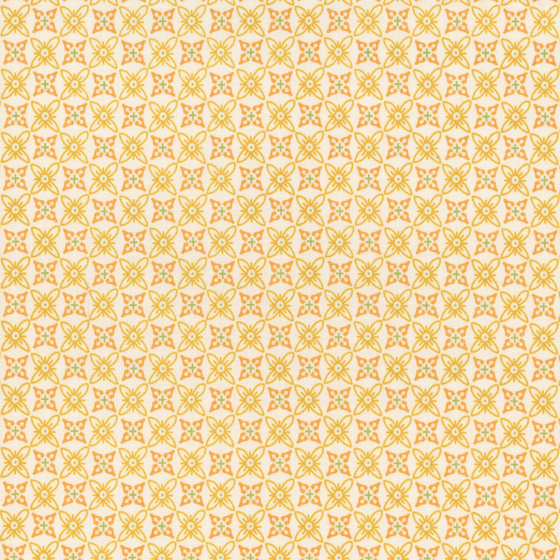 yellow fabric with a repeating geometric design of floral shapes.