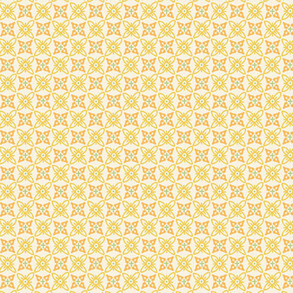 Cream fabric with a repeating geometric design of floral shapes.
