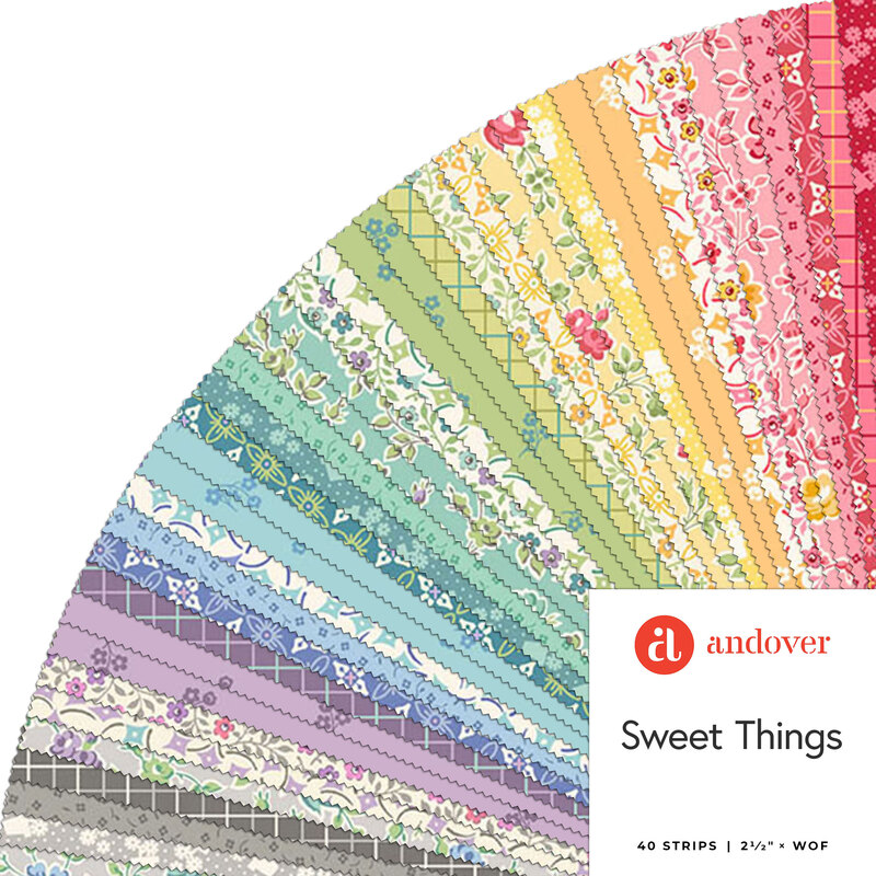 Collage of fabrics in the Sweet Things Jelly Roll featuring floral and geometric designs in a variety of colors.