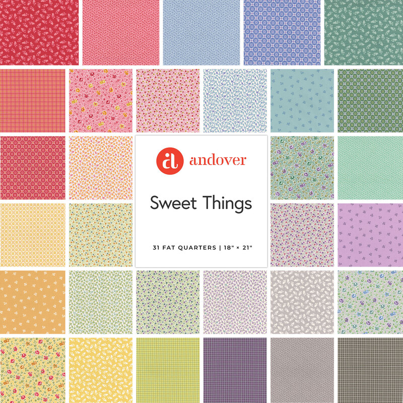 Collage of fabrics in the Sweet Things FQ Set featuring floral and geometric designs in a variety of colors.