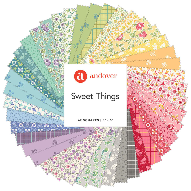 Collage of fabrics in the Sweet Things Charm Pack featuring floral and geometric designs in a variety of colors.
