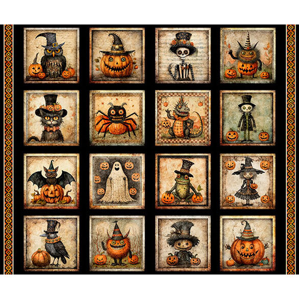 A grid of Halloween-themed illustrations featuring owls, skeletons, pumpkins, bats, and ghosts.