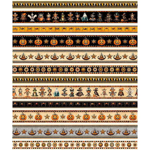 Colorful Halloween-themed ribbon patterns featuring pumpkins, witches, and stars on a black background.