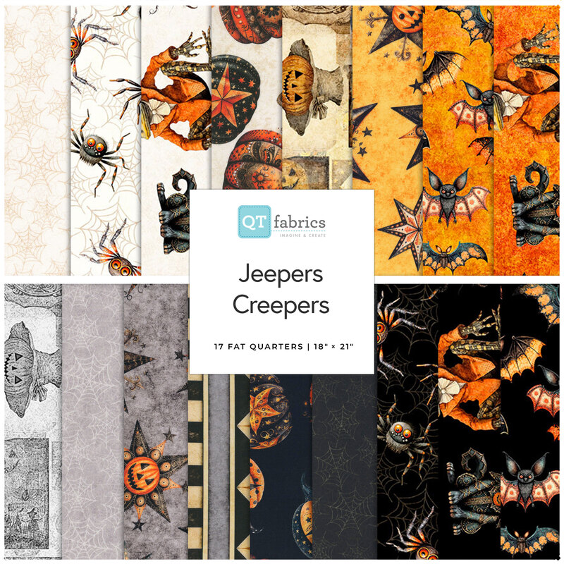 Collection of Halloween-themed fabric fat quarters featuring pumpkins, bats, and spiders.