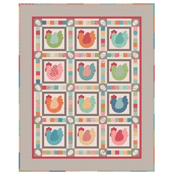 The Hen House appliqué and patchwork quilt featuring twelve colorful chicken designs in a grid layout with a patterned border.