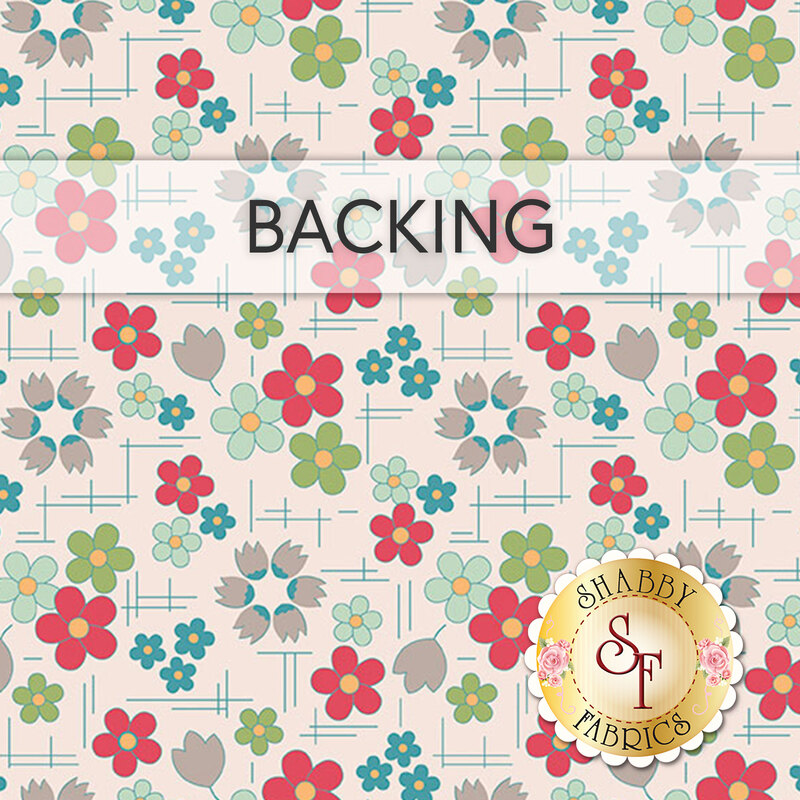 Light gray fabric with colorful flowers with a transparent backing label at the top.