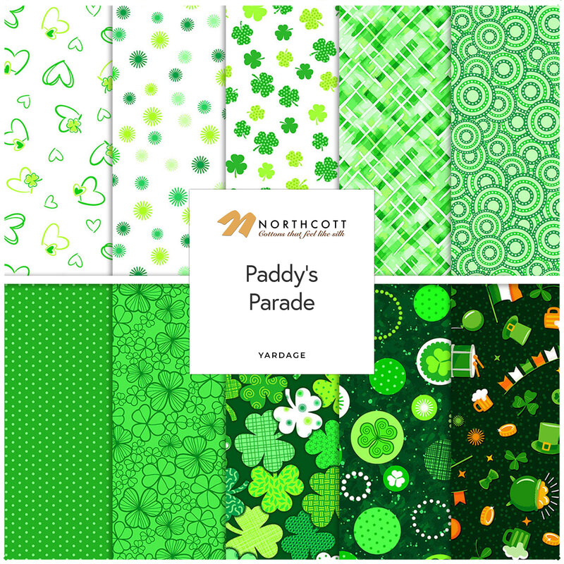 Nine fabric patterns in various shades of green with shamrocks and festive designs, labeled Paddy's Parade.