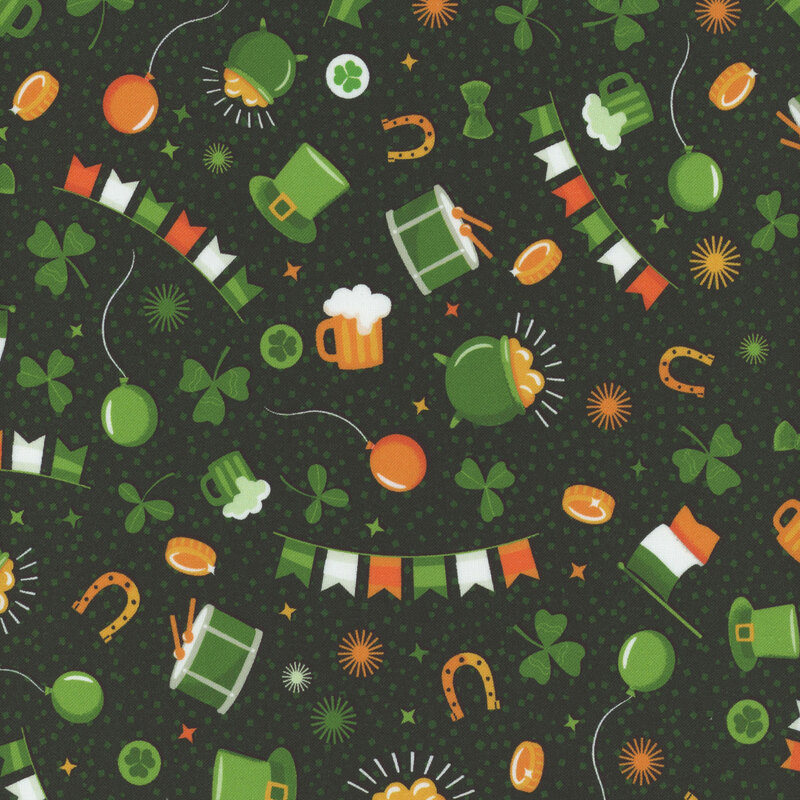 A festive green pattern featuring hats, shamrocks, beer mugs, and flags, celebrating St. Patrick's Day.