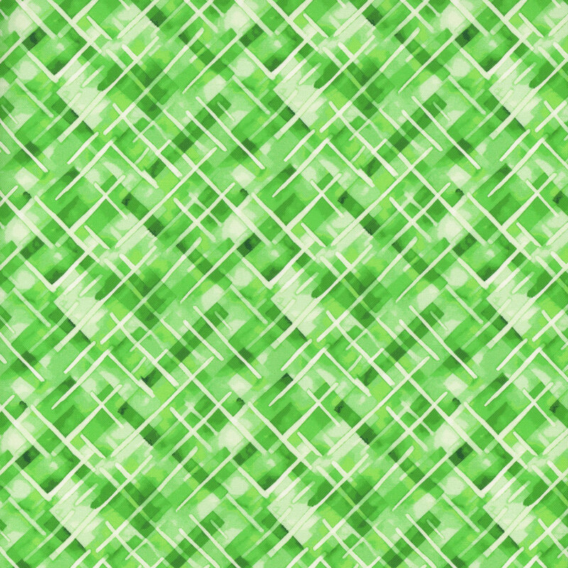 Green and white abstract pattern with overlapping diagonal lines and brushstroke textures.