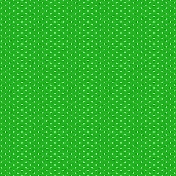 Bright green fabric with a repeated white polka dot pattern.