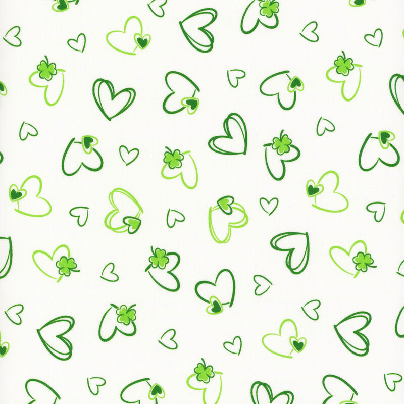 A seamless pattern of green and light green hearts and clovers on a white background.