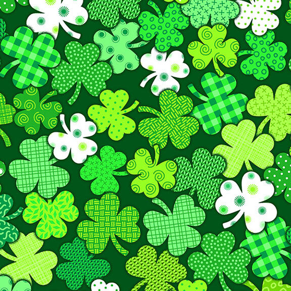 Background filled with various green shamrocks in different patterns and shades.