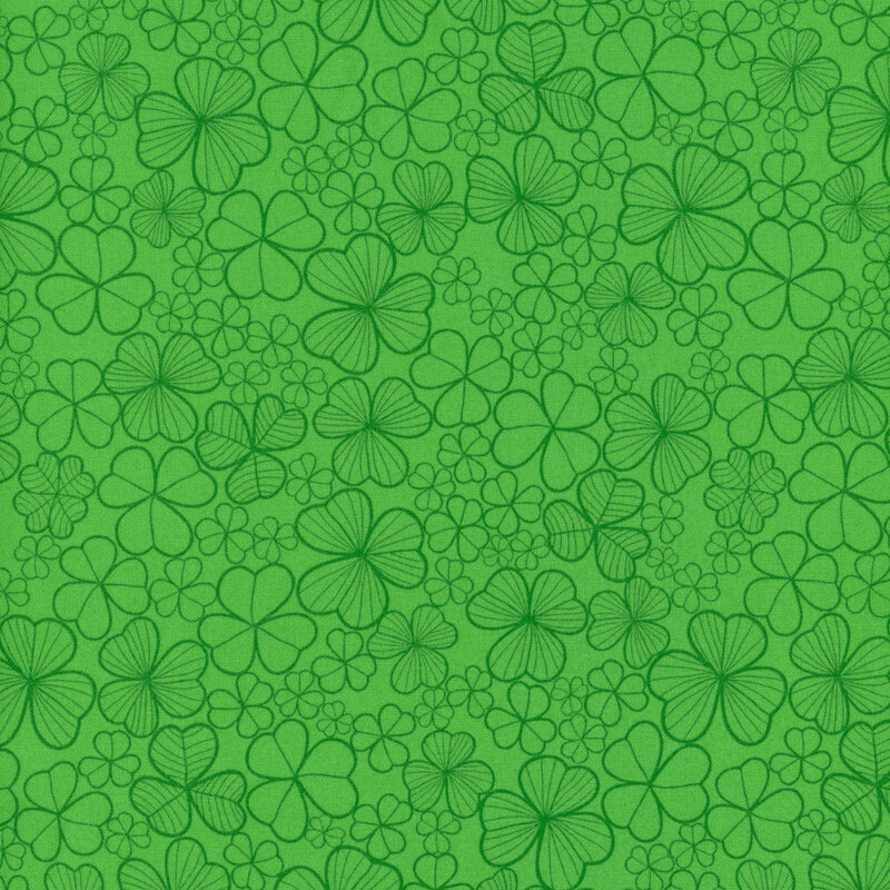 A seamless pattern of various hand-drawn green clovers on a solid green background.