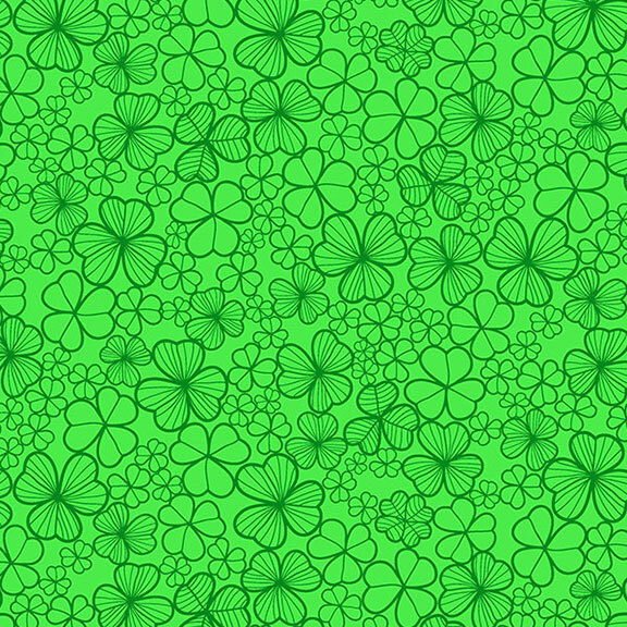 A seamless pattern of various hand-drawn green clovers on a solid green background.