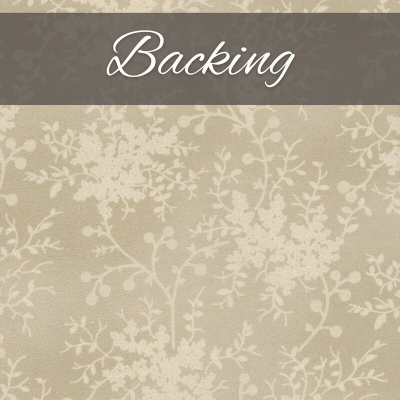 A swatch of mottled taupe fabric with sprawling white leafy vines. A darker gray banner at the top reads 