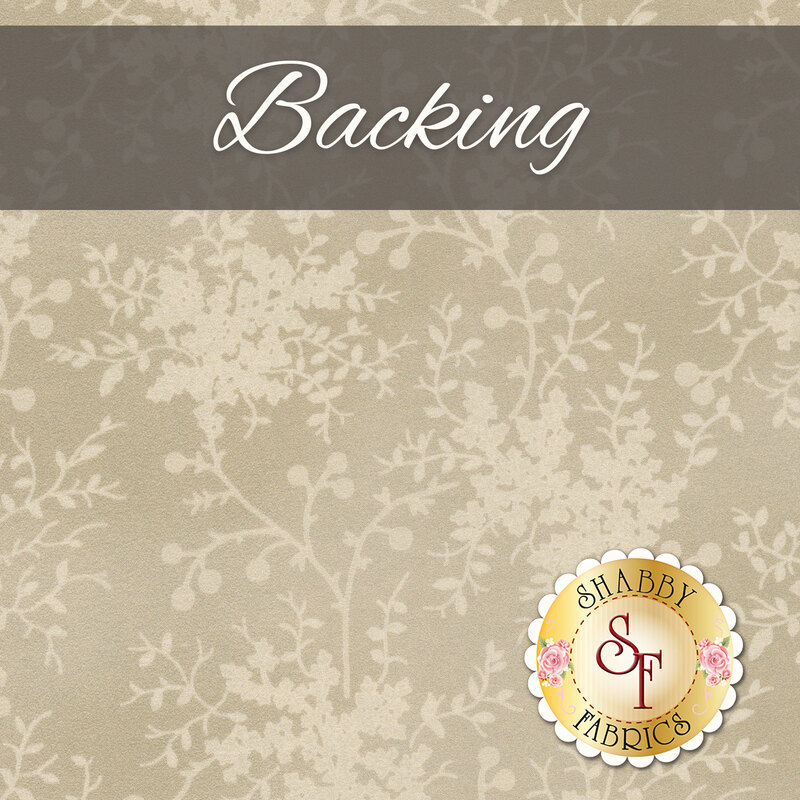 A swatch of mottled taupe fabric with sprawling white leafy vines. A banner at the top reads 