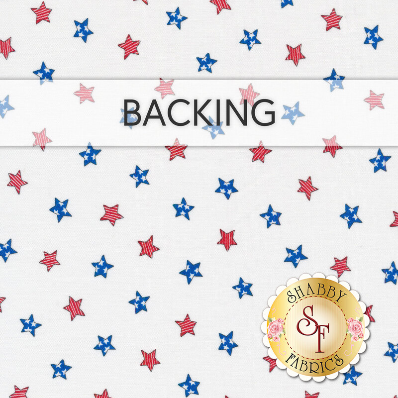 A swatch of white fabric with red and blue patriotic stars. A red banner at the top reads 