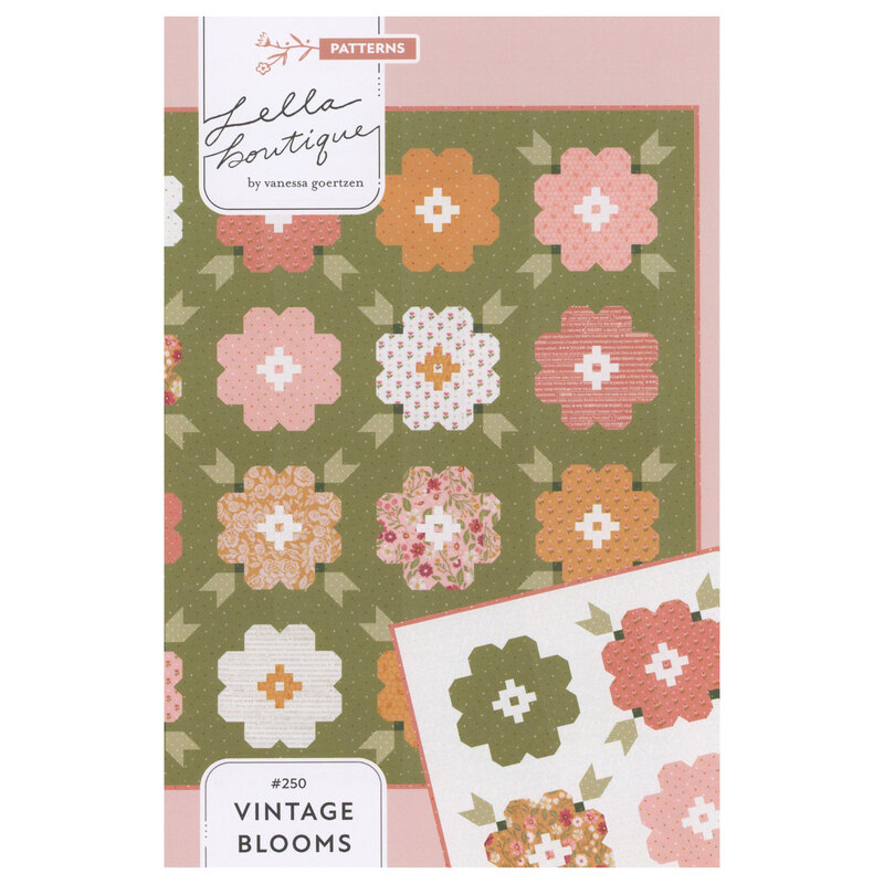 The front of the Vintage Blooms pattern, featuring the completed quilt on a light pink background and a closeup on the corner of the design.