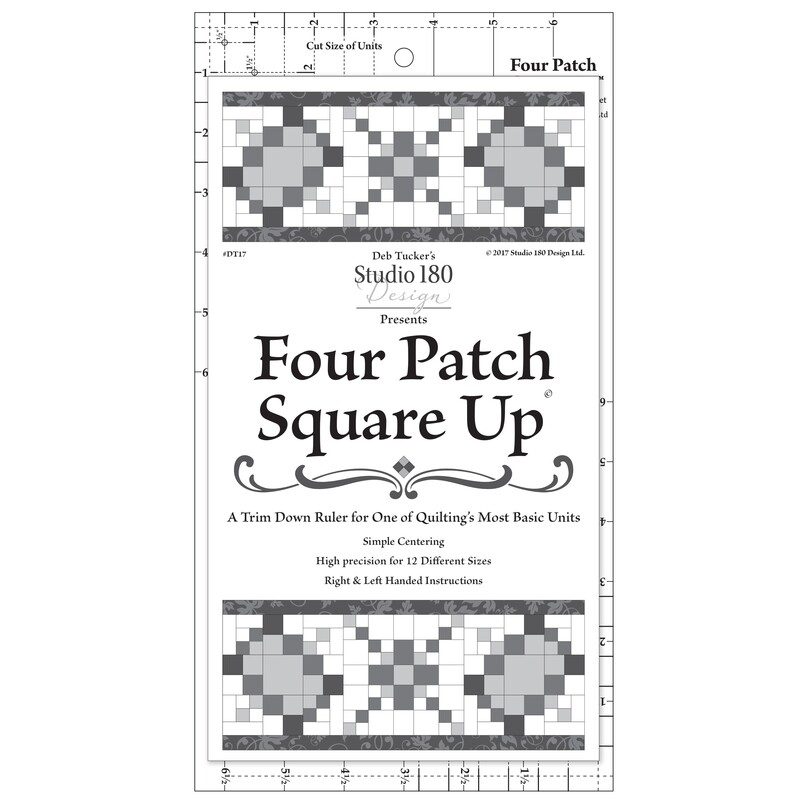 The Four Patch Square Up acrylic template with its packaging label.
