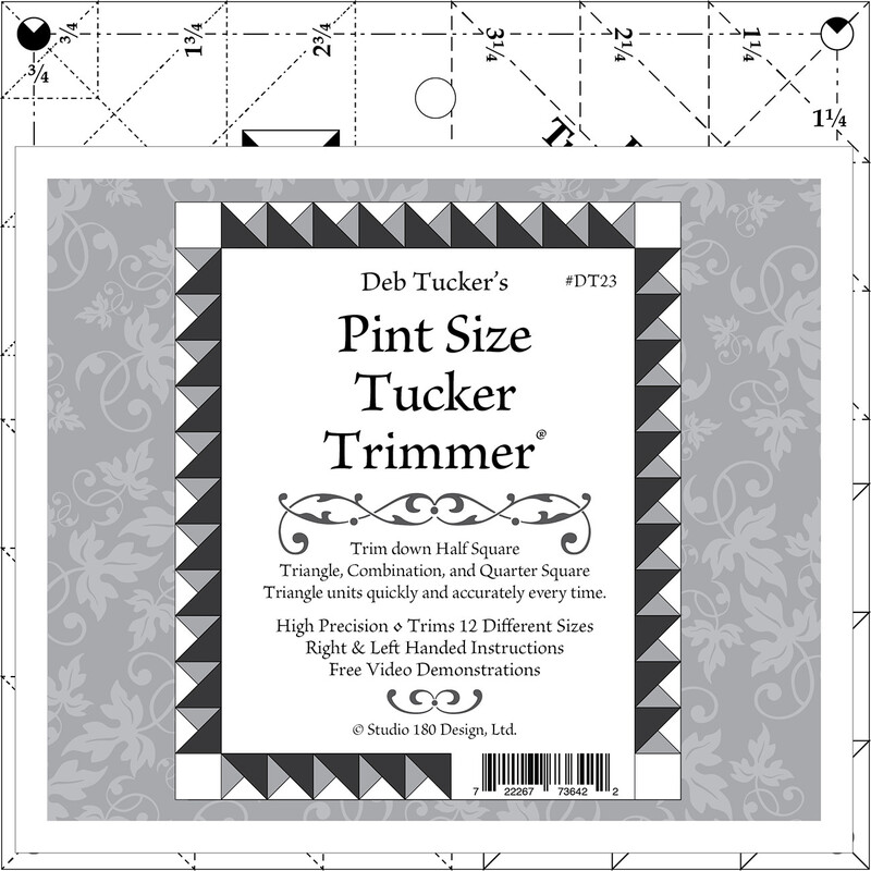 The Pint Size Tucker Trimmer acrylic template with its packaging label.