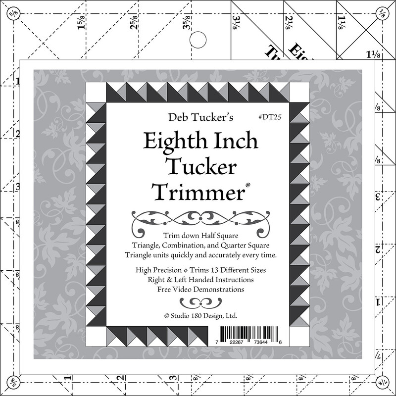 The Eighth Inch Tucker Trimmer acrylic template with its packaging label.