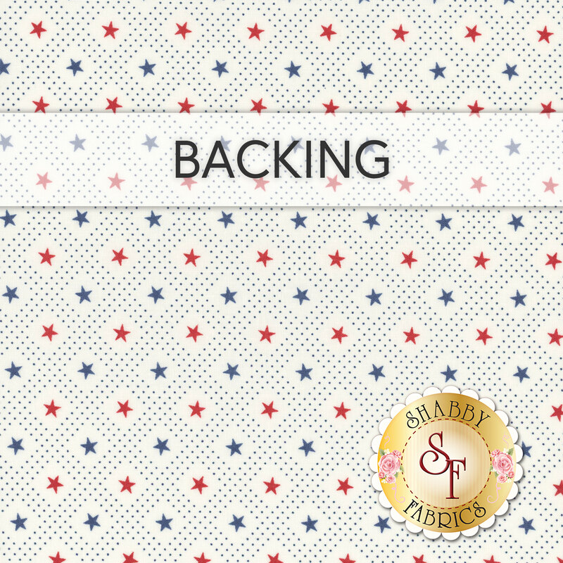 White fabric with small red and blue stars, labeled backing at the top.