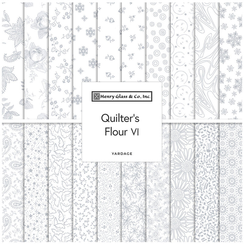 A collage of the digital versions of the white-on-white fabrics from the Quilter's Flour 6 collection.