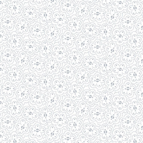 White-on-white fabric with a packed stylized floral pattern.
