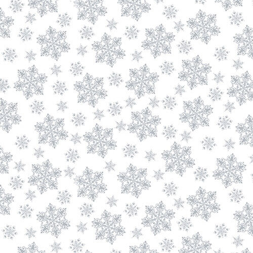 White-on-white fabric with a pattern of tossed large and small snowflakes.