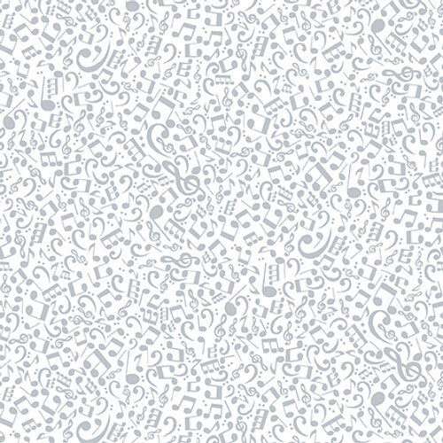 White-on-white fabric with a packed design of musical notes.