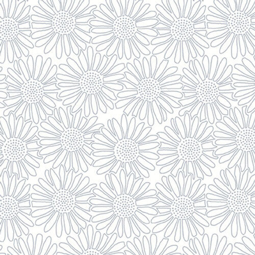 White-on-white fabric with a design of packed outlined sunflowers.