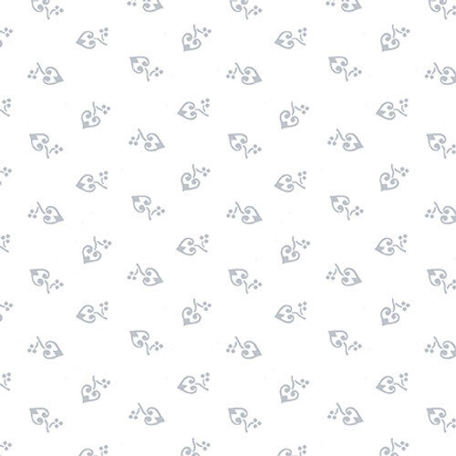 White-on-white fabric with a design of tossed curlicue hearts.