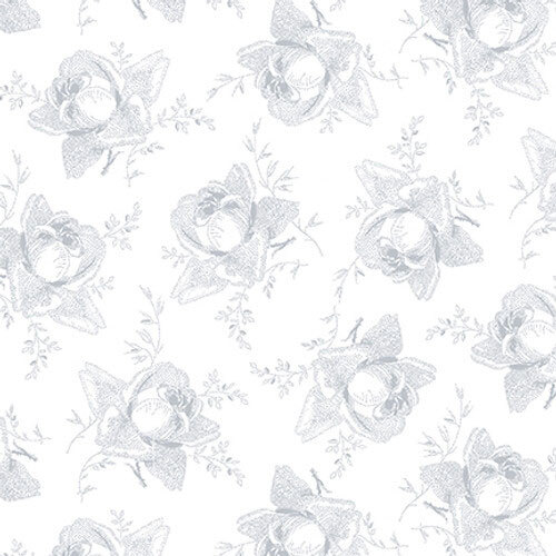 White-on-white fabric with a design of tossed stippled roses.