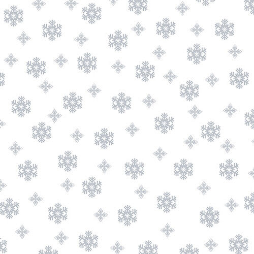 White-on-white fabric with uniform rows of snowflakes in large and small sizes.