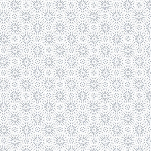 White-on-white fabric with a design of packed medallions.