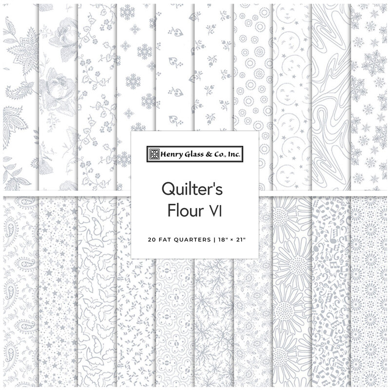 A collage of the digital versions of the white-on-white fabrics included in the Quilter's Flour 6 fat quarter set.