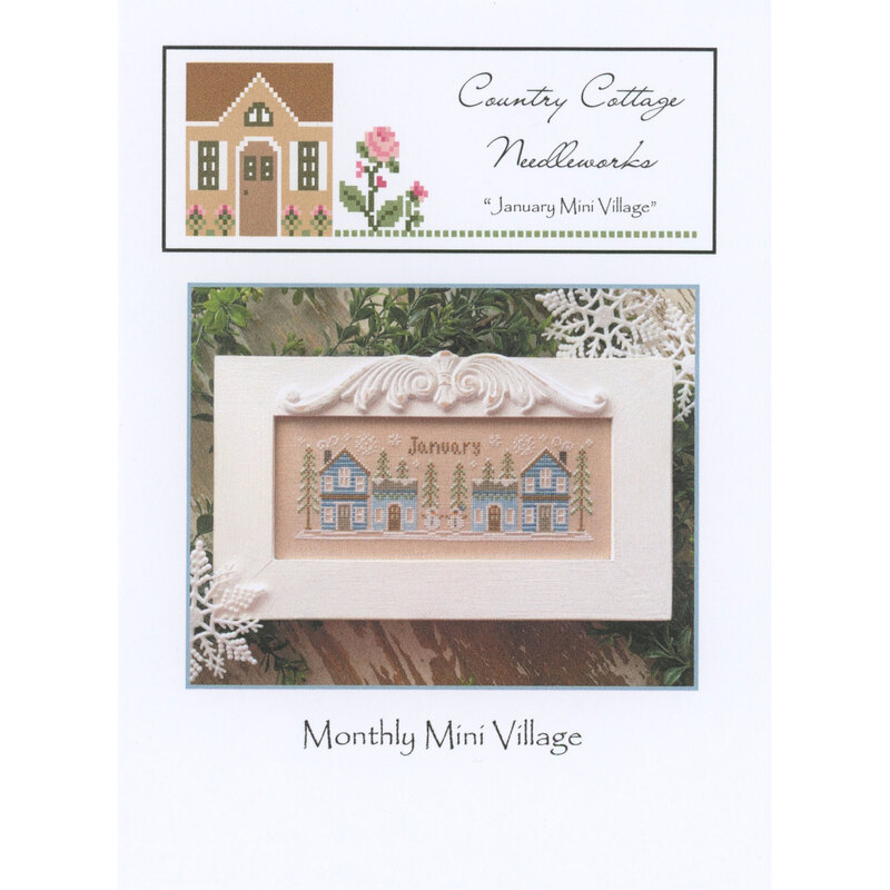 Front of the January Mini Village pattern by Country Cottage Needleworks, featuring a stitched scene of a village in January.