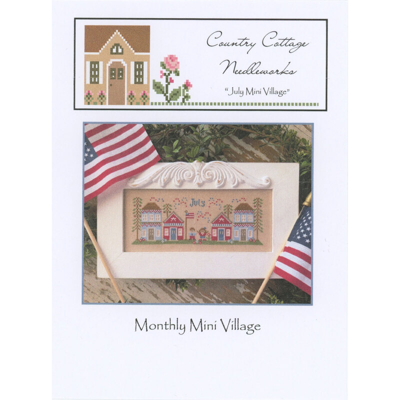 Front of the July Mini Village pattern by Country Cottage Needleworks, featuring a stitched scene of a village in July.