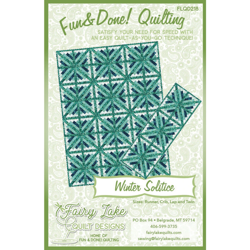 Front of the Winter Solstice pattern featuring a teal, geometrical snowflake quilt design.