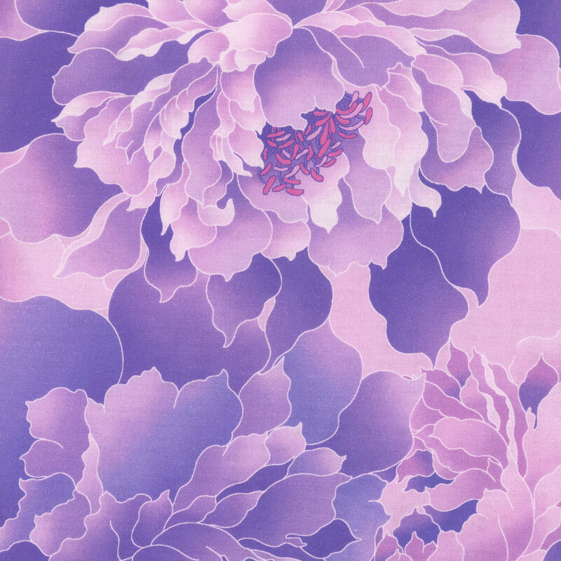 Fabric with a large peony design in tonal shades of lilac and purple.